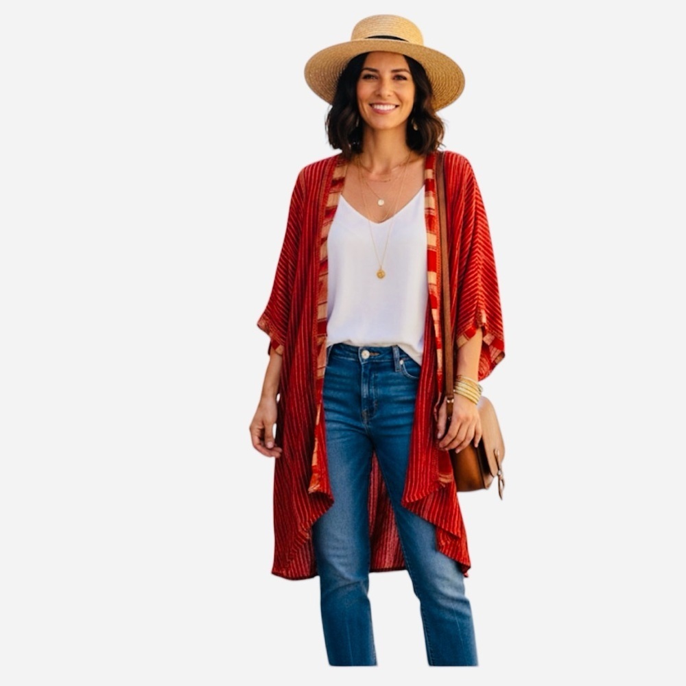 Freestyle women’s Red Striped Open Front Cardigan/kimono size 1X